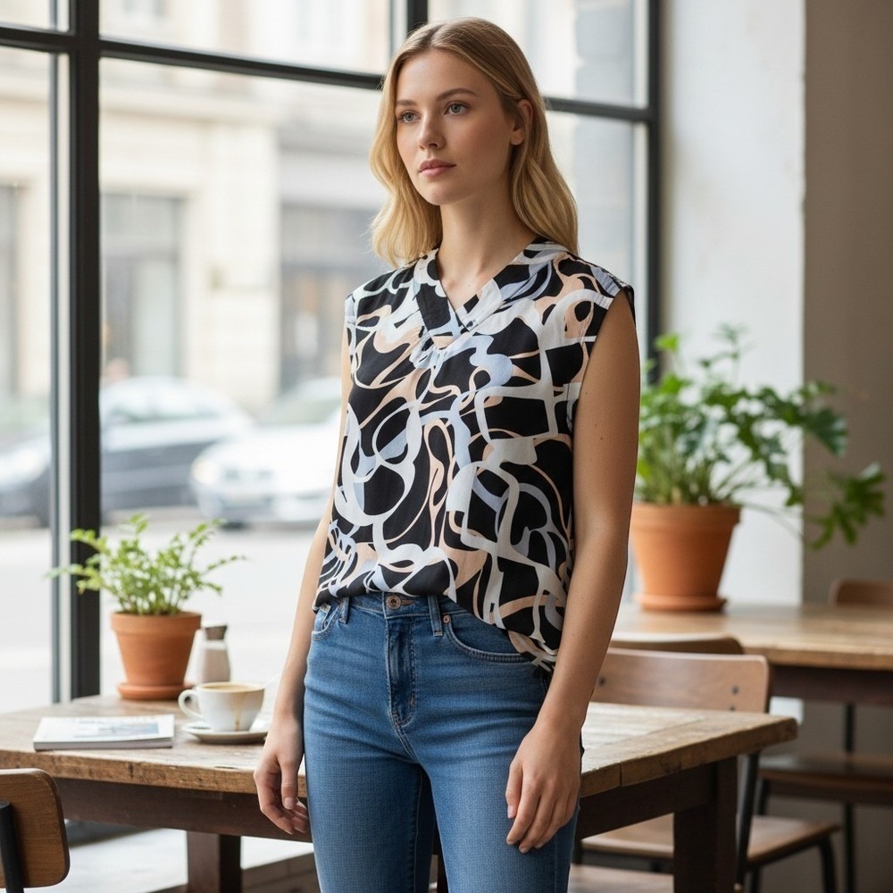 Denim Hunter Womens  8/10 Top Abstract Print Career  Scandinavian Cap Sleeve EUC